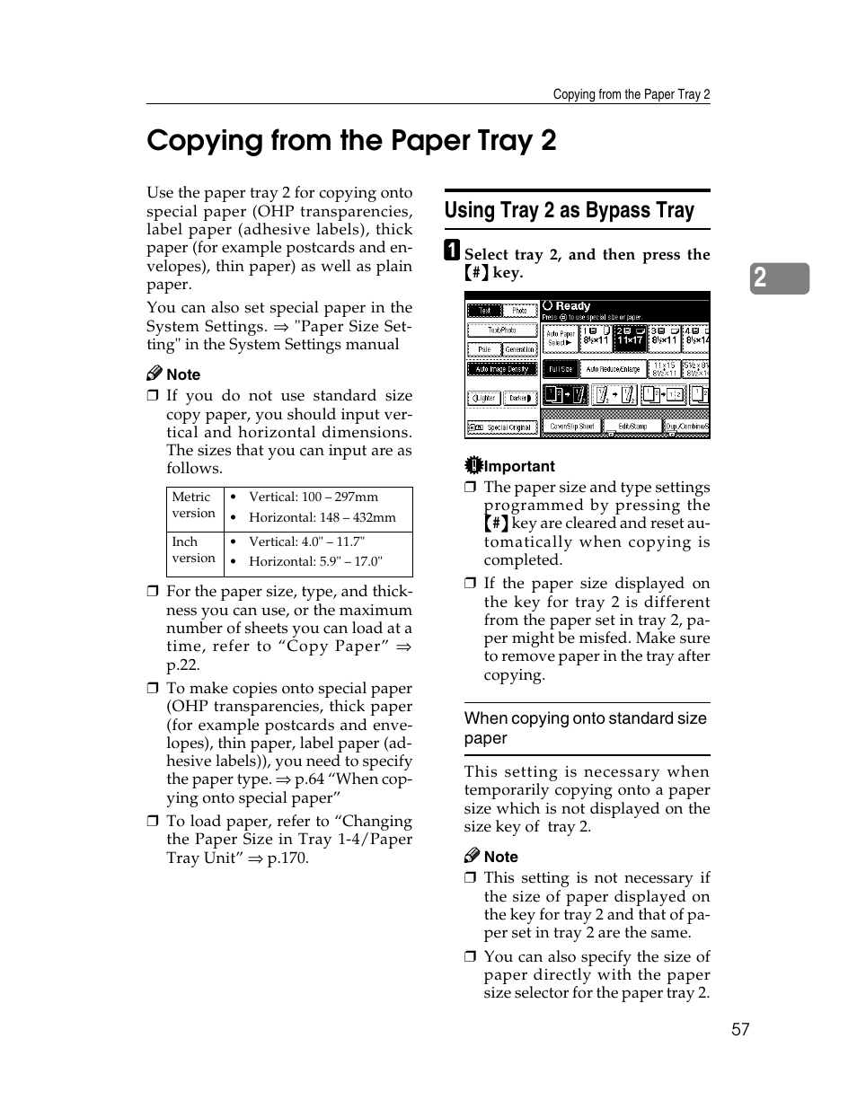 2copying from the paper tray 2, Using tray 2 as bypass tray | Savin 2712 User Manual | Page 68 / 163