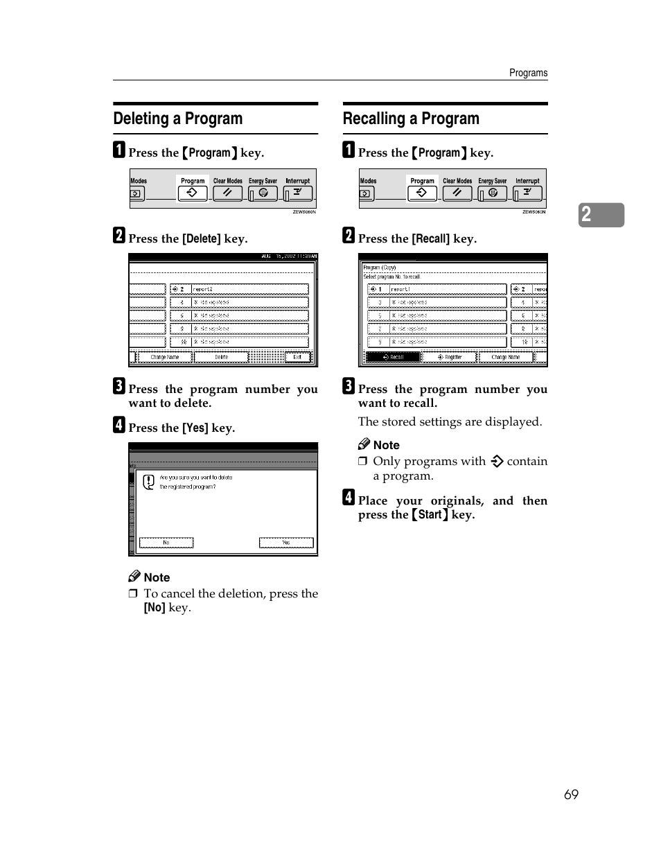 Deleting a program, Recalling a program | Savin 2712 User Manual | Page 80 / 163