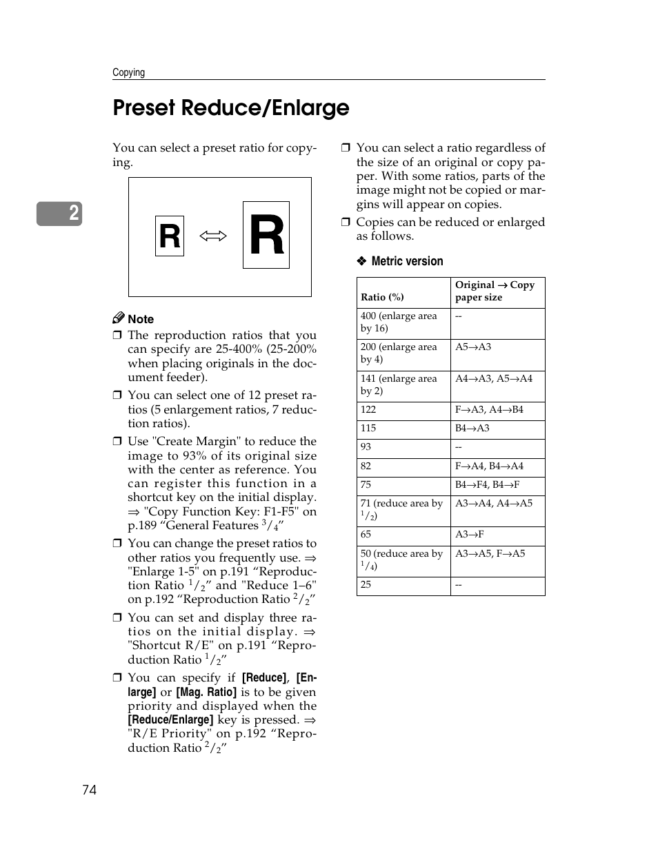 2preset reduce/enlarge | Savin 2712 User Manual | Page 85 / 163