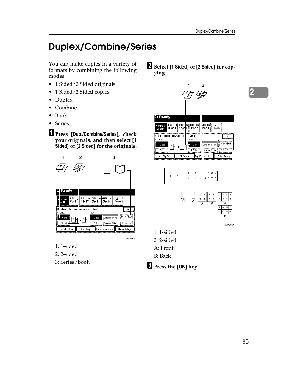 2duplex/combine/series, Press the [ok] key | Savin 2712 User Manual | Page 96 / 163