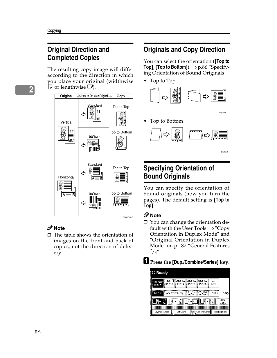 Original direction and completed copies, Originals and copy direction, Specifying orientation of bound originals | Savin 2712 User Manual | Page 97 / 163