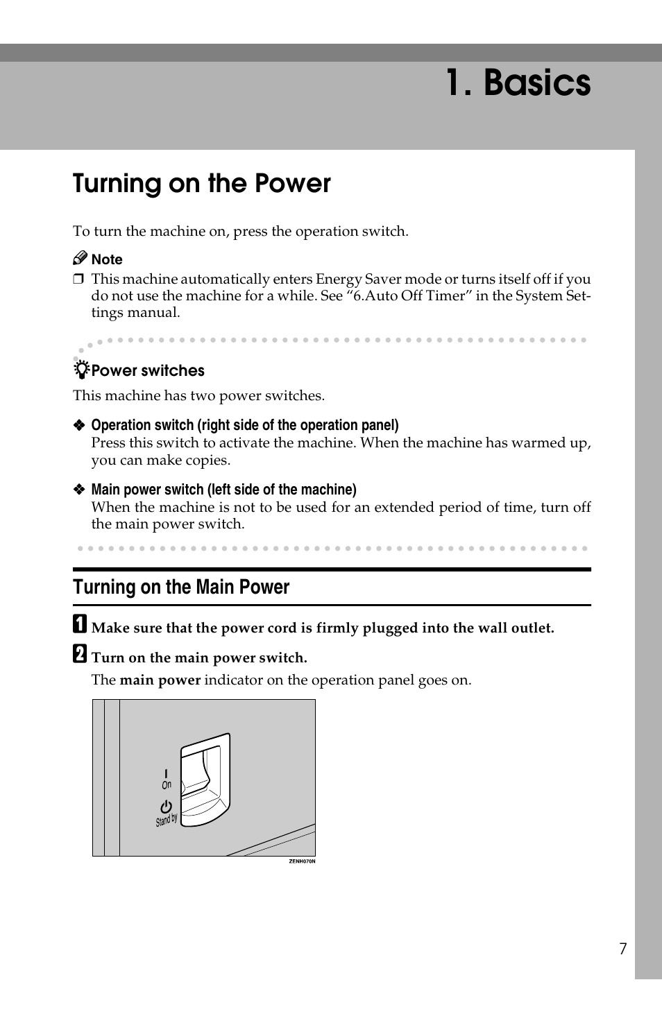 Basics, Turning on the power, Turning on the main power | Savin 1802d User Manual | Page 21 / 56