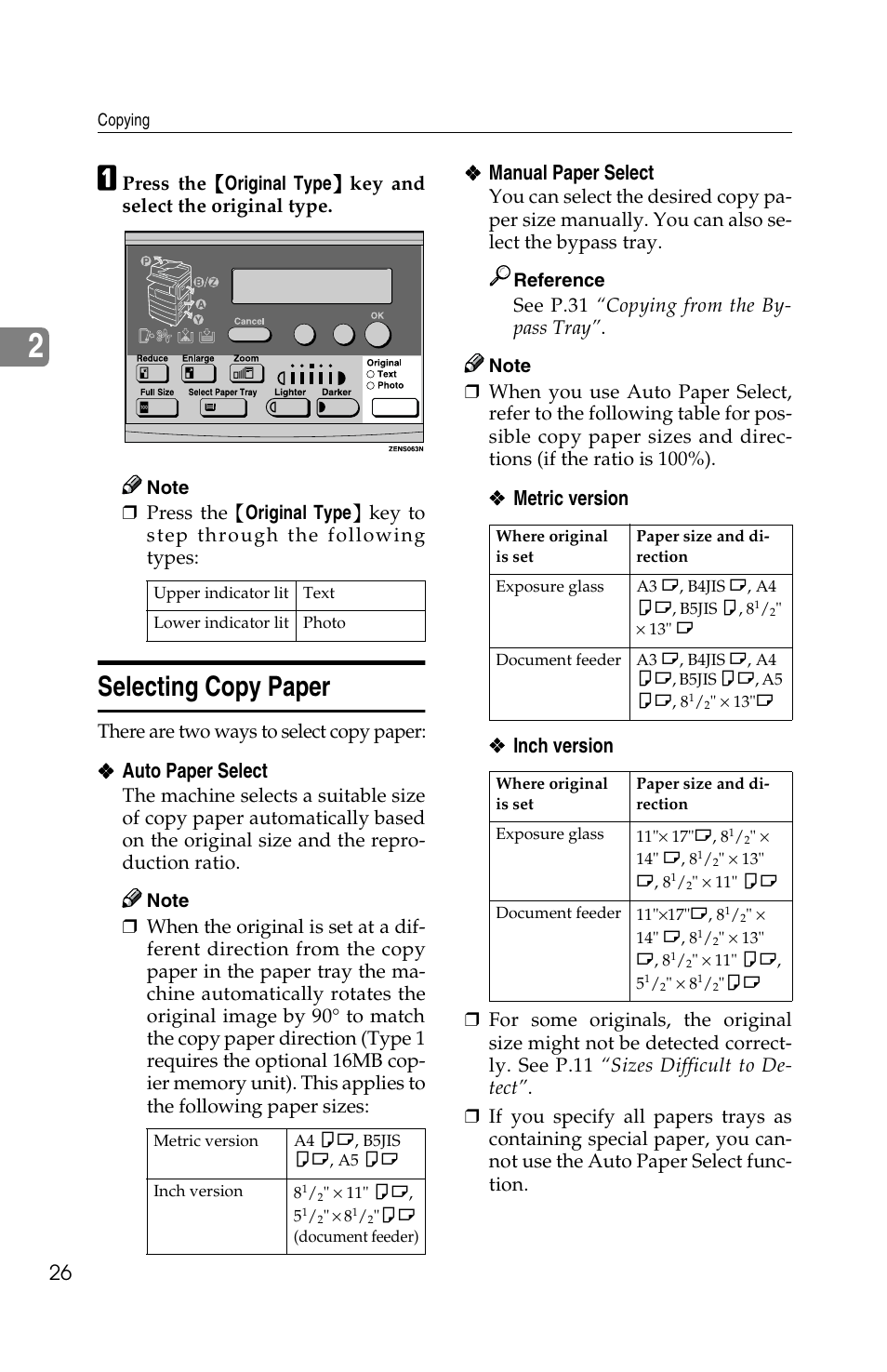 Selecting copy paper, Auto paper select, Manual paper select | Metric version ❖ ❖ ❖ ❖ inch version | Savin 1802d User Manual | Page 40 / 56