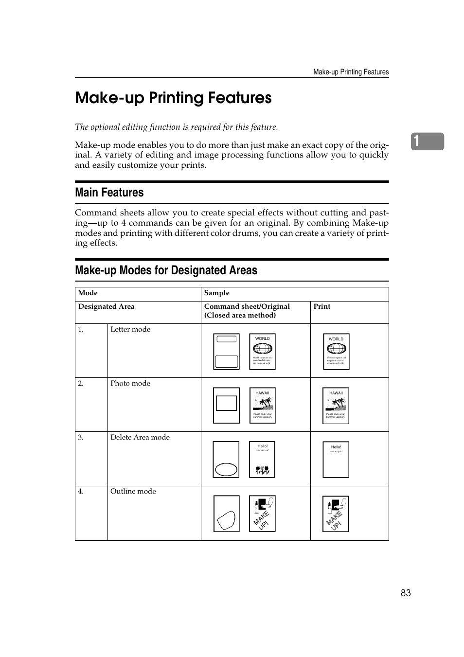 1make-up printing features, Main features, Make-up modes for designated areas | Savin 3360DNP User Manual | Page 103 / 233