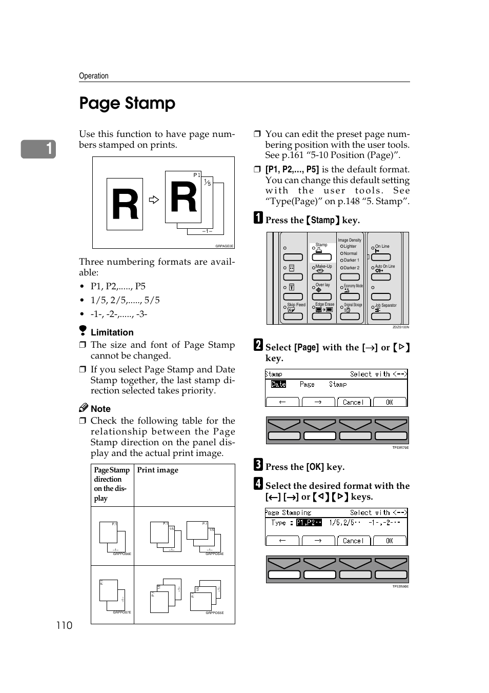 1page stamp, Press the {{{{ stamp }}}} key, Press the [ok] key | Limitation | Savin 3360DNP User Manual | Page 130 / 233