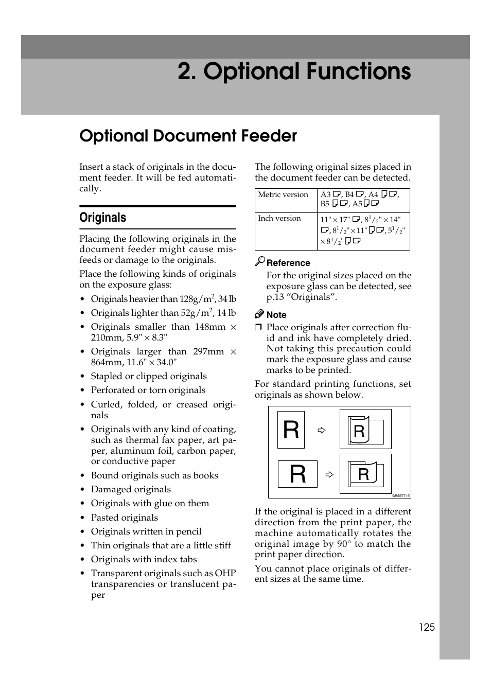 Optional functions, Optional document feeder, Originals | Savin 3360DNP User Manual | Page 145 / 233
