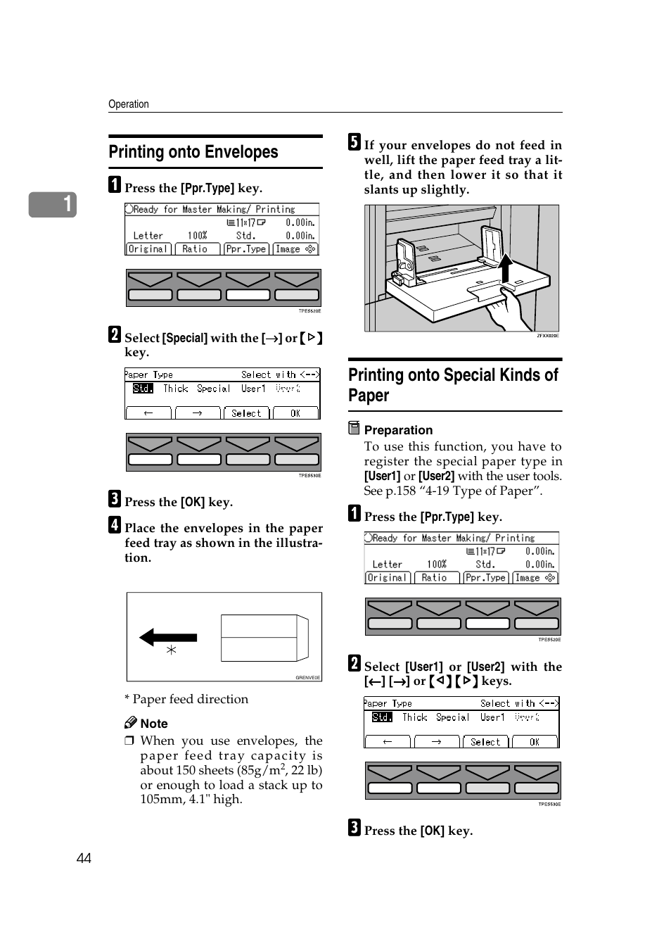 Printing onto envelopes, Printing onto special kinds of paper | Savin 3360DNP User Manual | Page 64 / 233