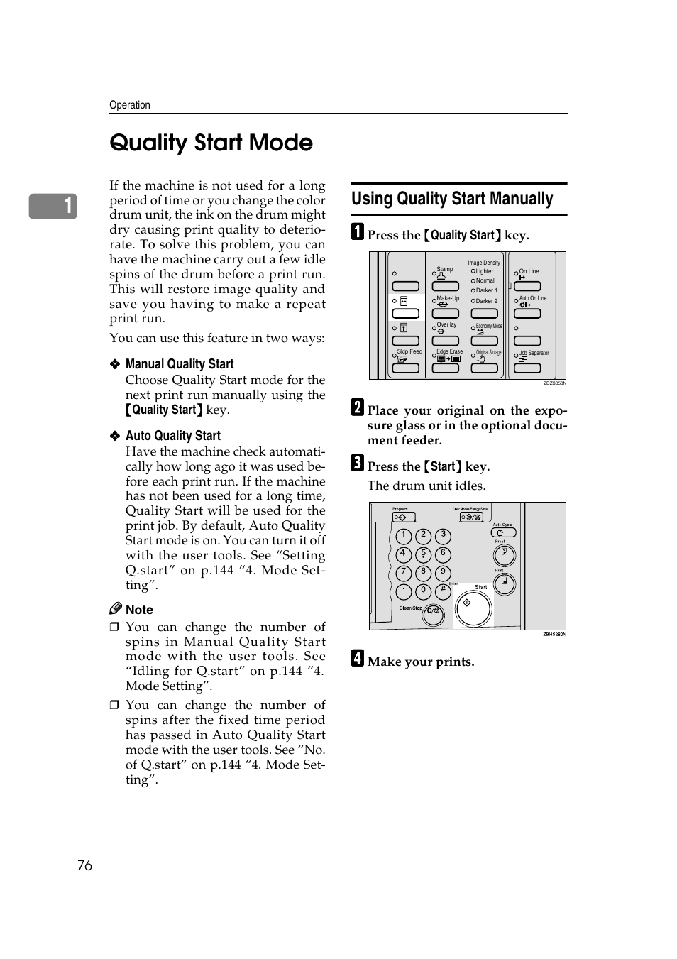 1quality start mode, Using quality start manually | Savin 3360DNP User Manual | Page 96 / 233