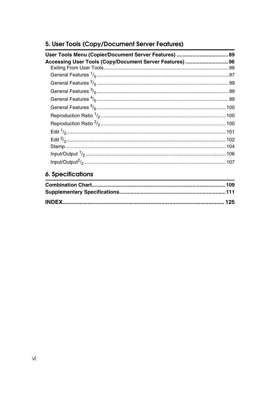 User tools (copy/document server features), Specifications, Index | Savin 2565 User Manual | Page 10 / 88