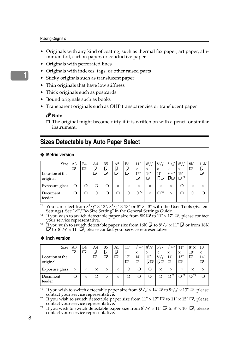 Sizes detectable by auto paper select, Metric version, Inch version | Savin 2565 User Manual | Page 18 / 88