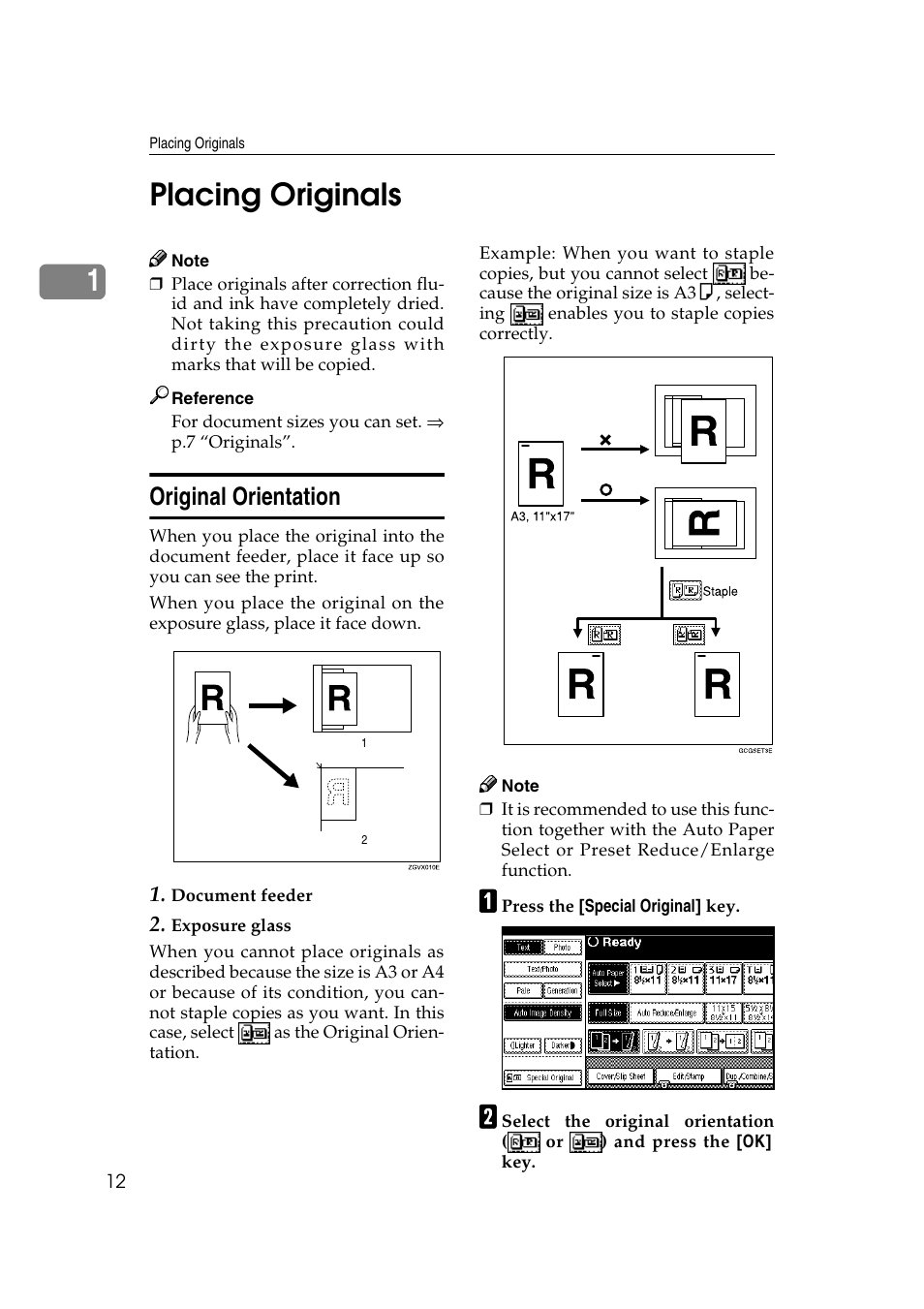 1placing originals, Original orientation | Savin 2565 User Manual | Page 22 / 88