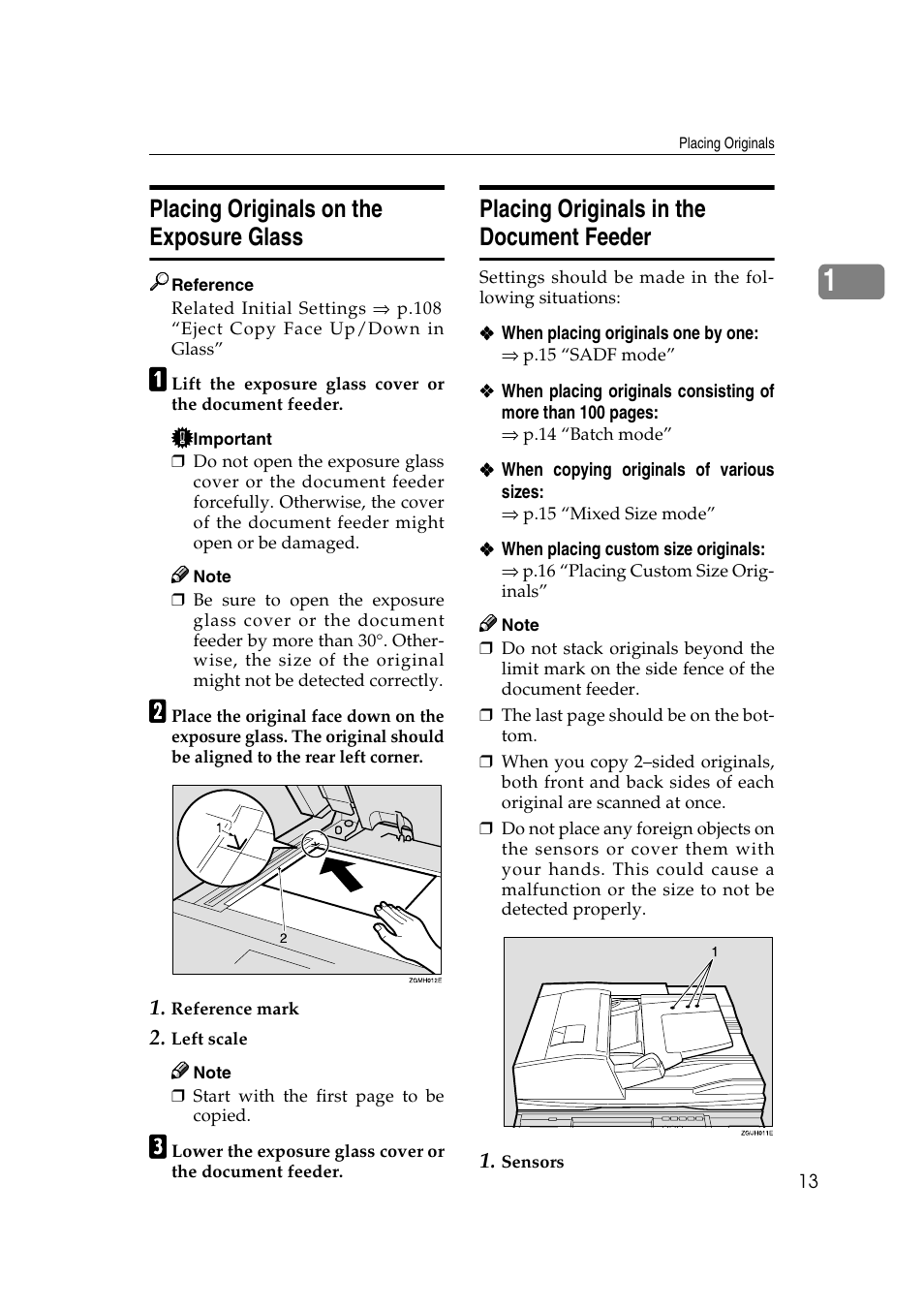 Placing originals on the exposure glass, Placing originals in the document feeder | Savin 2565 User Manual | Page 23 / 88