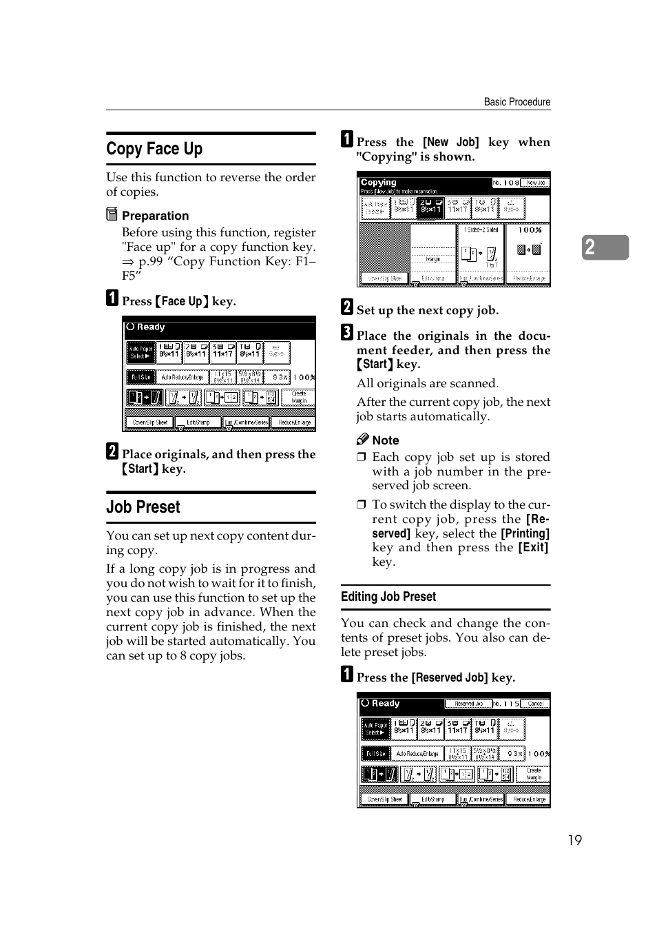 Copy face up, Job preset | Savin 2565 User Manual | Page 29 / 88