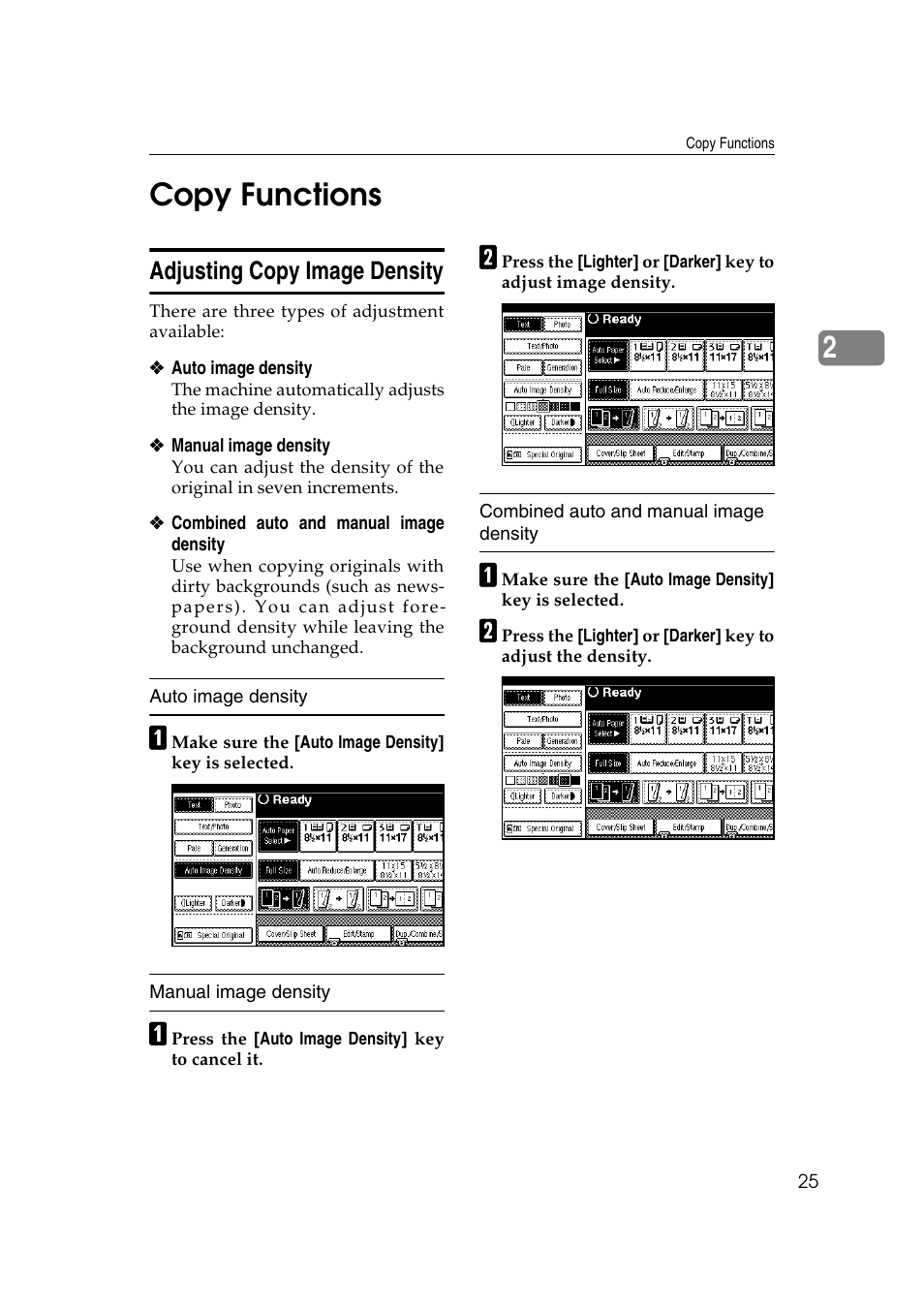 2copy functions, Adjusting copy image density | Savin 2565 User Manual | Page 35 / 88