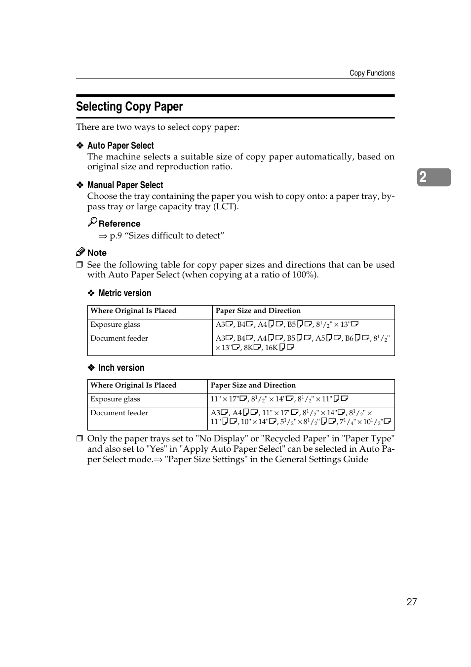 Selecting copy paper, Auto paper select, Manual paper select | Metric version ❖ ❖ ❖ ❖ inch version | Savin 2565 User Manual | Page 37 / 88