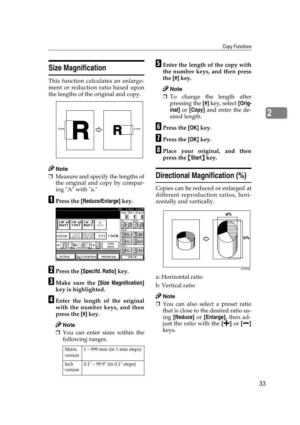 Size magnification, Directional magnification (%) | Savin 2565 User Manual | Page 43 / 88