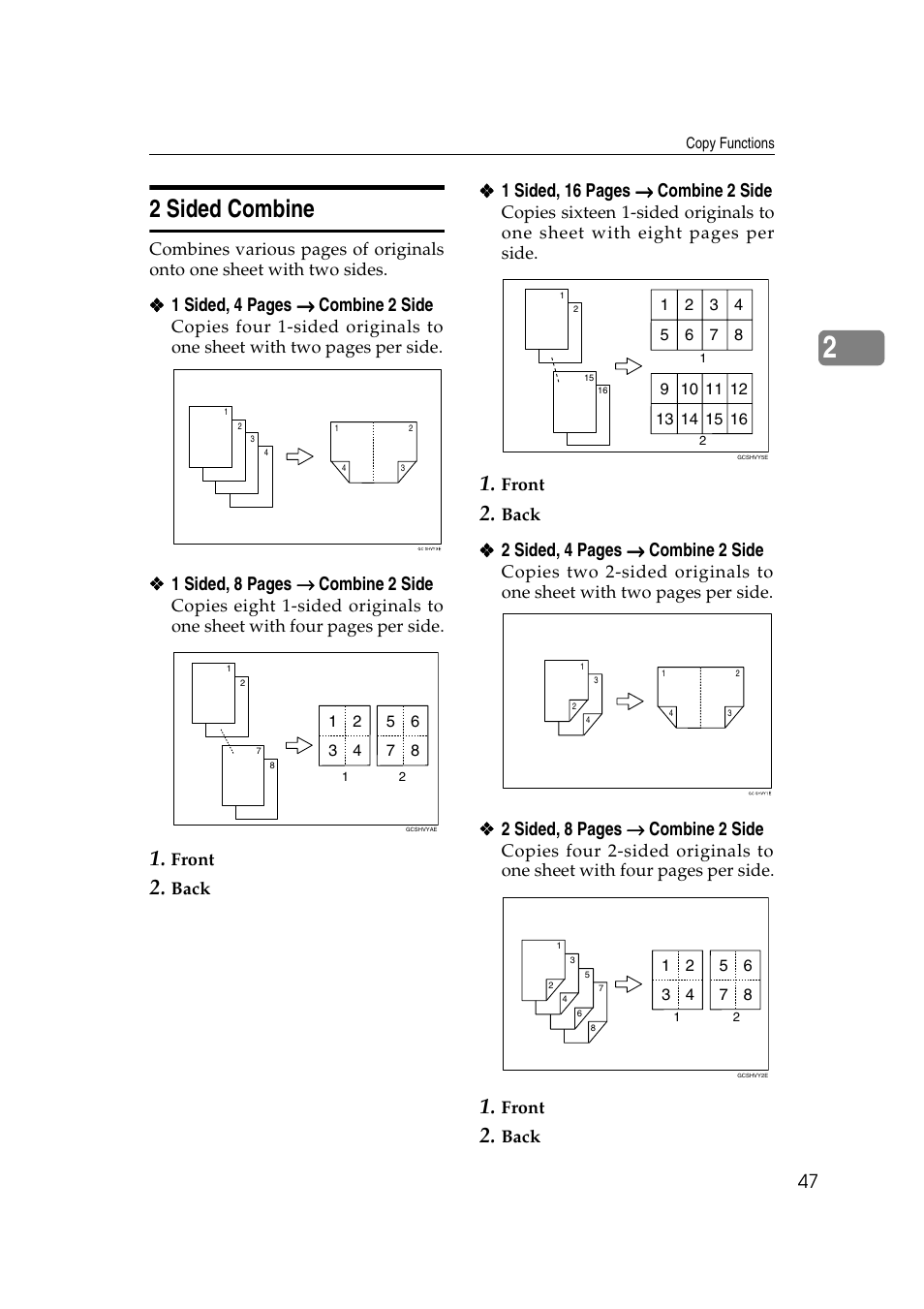 2 sided combine, 1 sided, 4 pages → → → → combine 2 side, 1 sided, 8 pages → → → → combine 2 side | 1 sided, 16 pages → → → → combine 2 side, 2 sided, 4 pages → → → → combine 2 side, 2 sided, 8 pages → → → → combine 2 side | Savin 2565 User Manual | Page 57 / 88