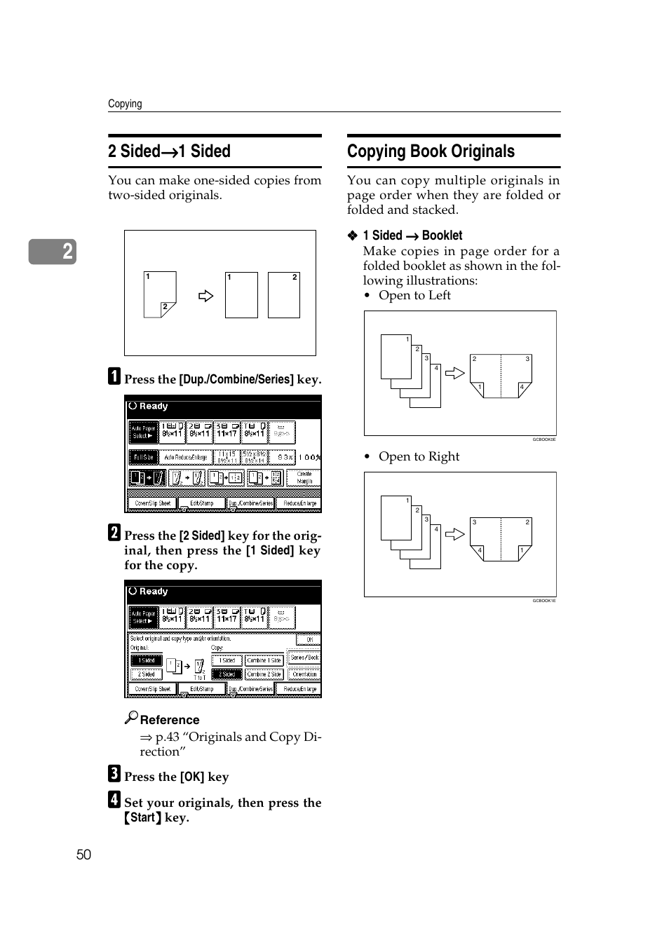 2 sided → → → → 1 sided, Copying book originals | Savin 2565 User Manual | Page 60 / 88