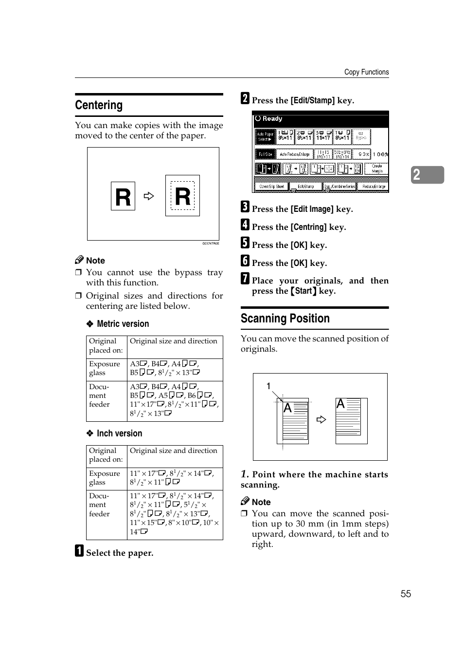 Centering, Scanning position | Savin 2565 User Manual | Page 65 / 88