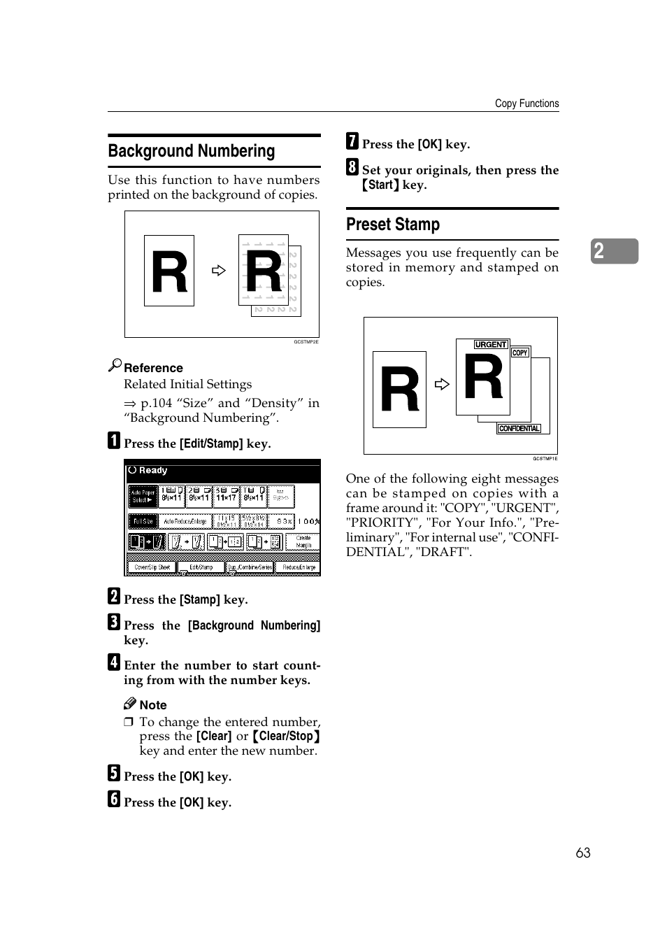 Background numbering, Preset stamp | Savin 2565 User Manual | Page 73 / 88