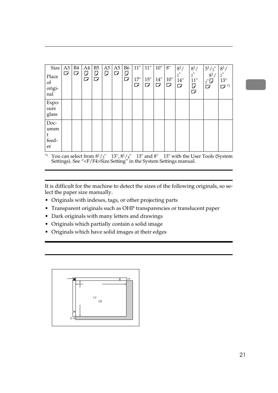 Missing image area, Inch version, Sizes difficult to detect | Exposure glass | Savin 3370 User Manual | Page 34 / 81