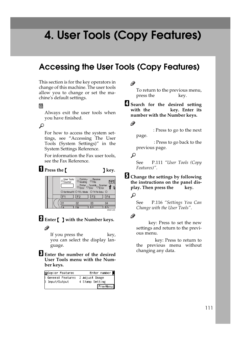 User tools (copy features), Accessing the user tools (copy features) | Savin 9922DP User Manual | Page 122 / 163