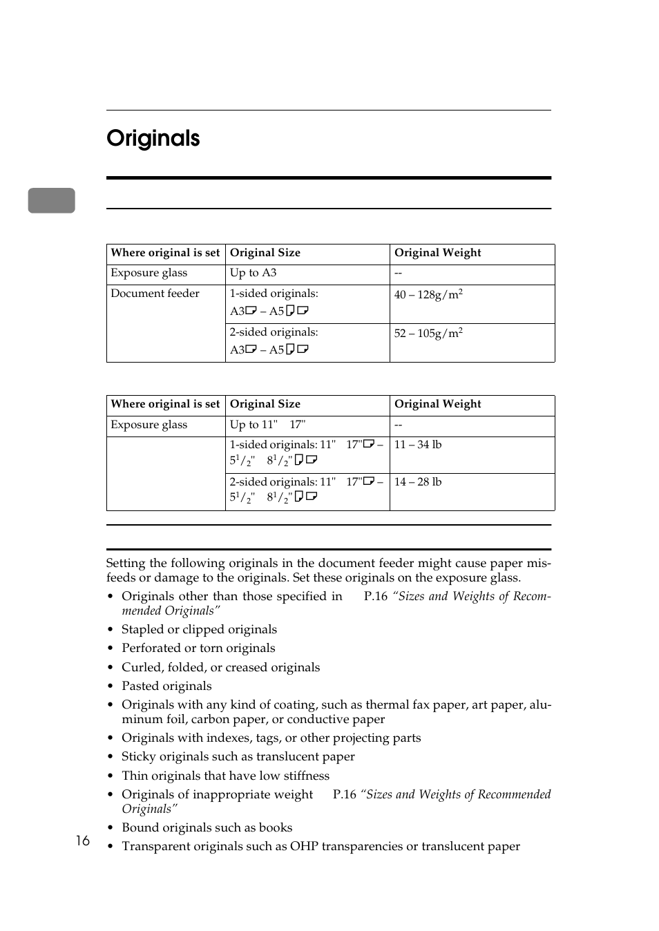 1originals, Sizes and weights of recommended originals | Savin 9922DP User Manual | Page 27 / 163