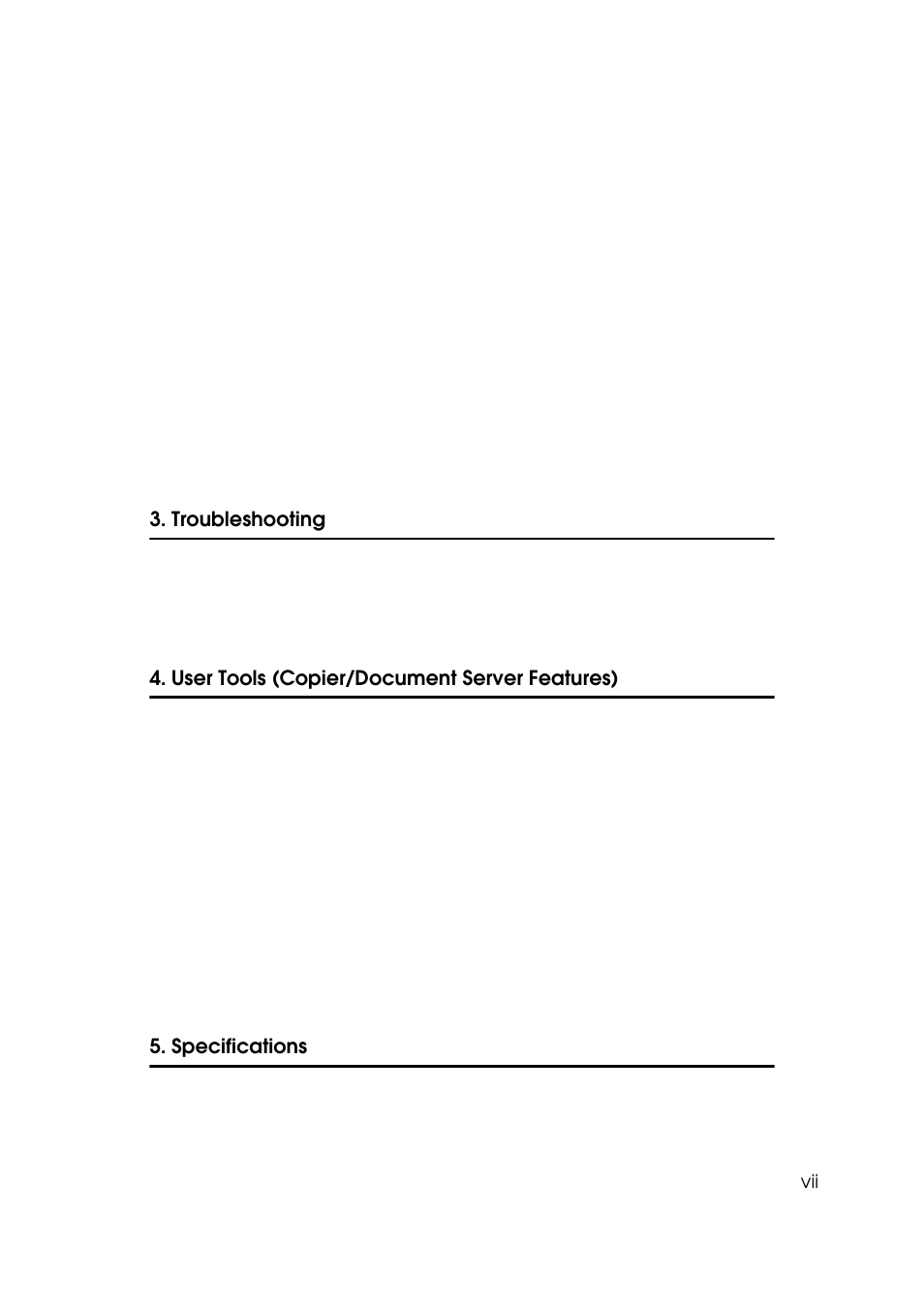 Troubleshooting, User tools (copier/document serv er features), Specifications | Savin 4045e User Manual | Page 11 / 132
