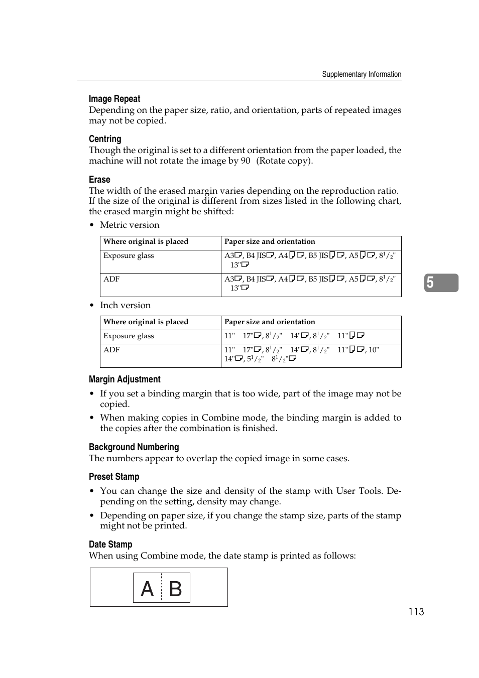 V image repeat, V centring, V erase | V margin adjustment, V background numbering, V preset stamp, V date stamp | Savin 4045e User Manual | Page 125 / 132