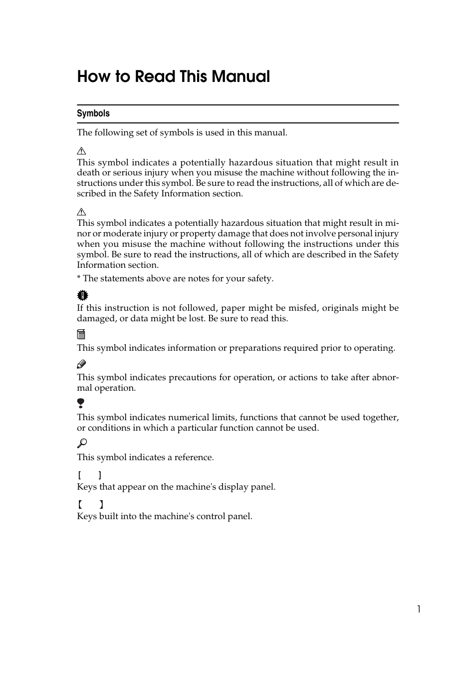 How to read this manual | Savin 4045e User Manual | Page 13 / 132