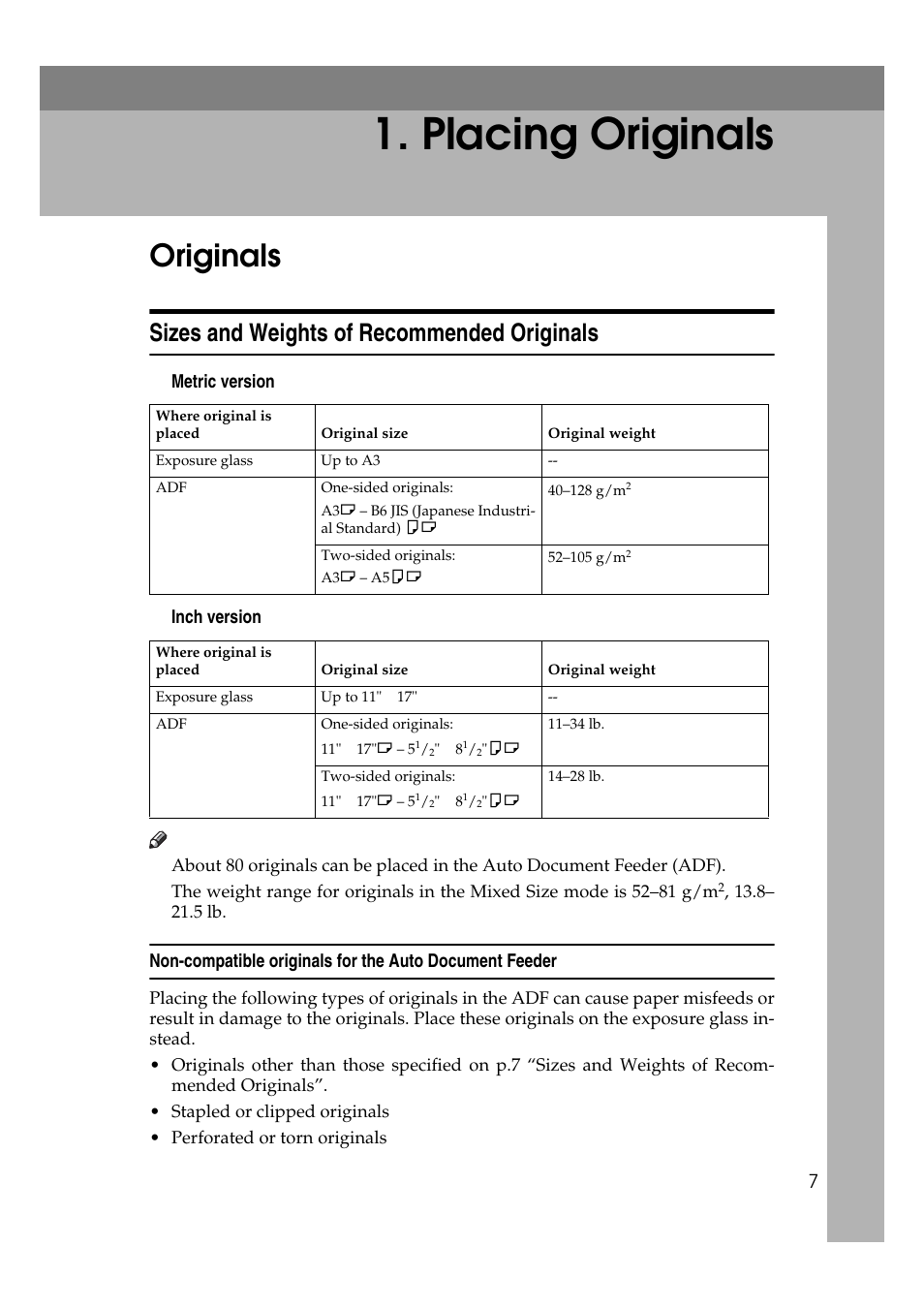 Placing originals, Originals, Sizes and weights of recommended originals | Savin 4045e User Manual | Page 19 / 132