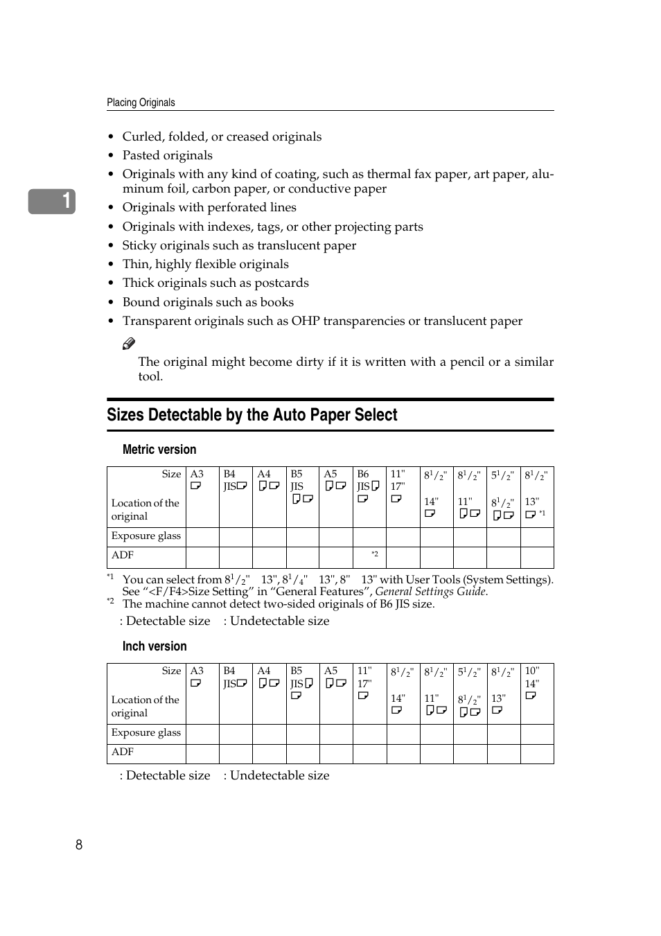 Sizes detectable by the auto paper select, V metric version, V inch version | Savin 4045e User Manual | Page 20 / 132