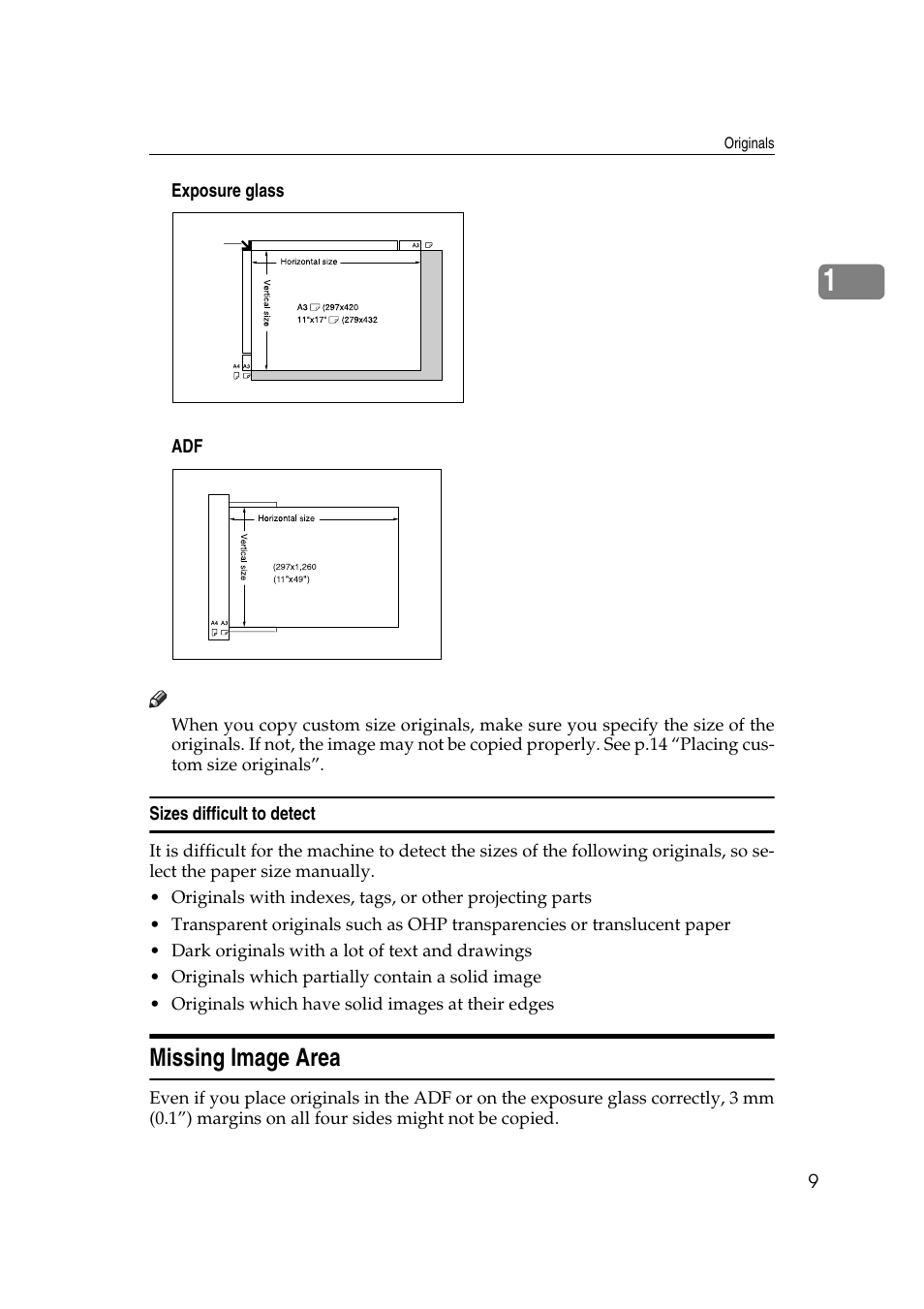 Missing image area, V exposure glass v adf, Sizes difficult to detect | Savin 4045e User Manual | Page 21 / 132
