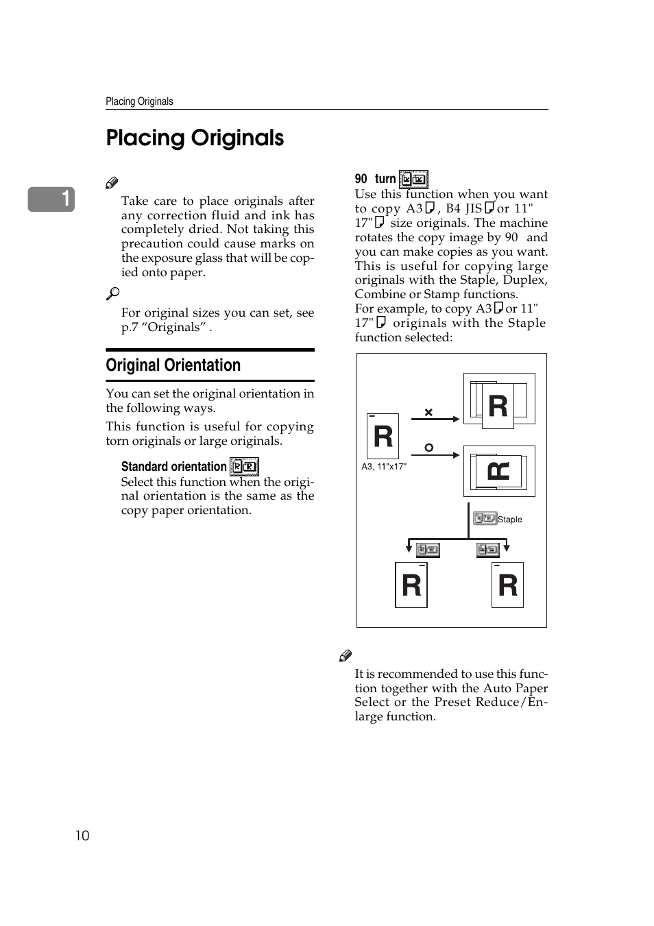 1placing originals, Original orientation | Savin 4045e User Manual | Page 22 / 132