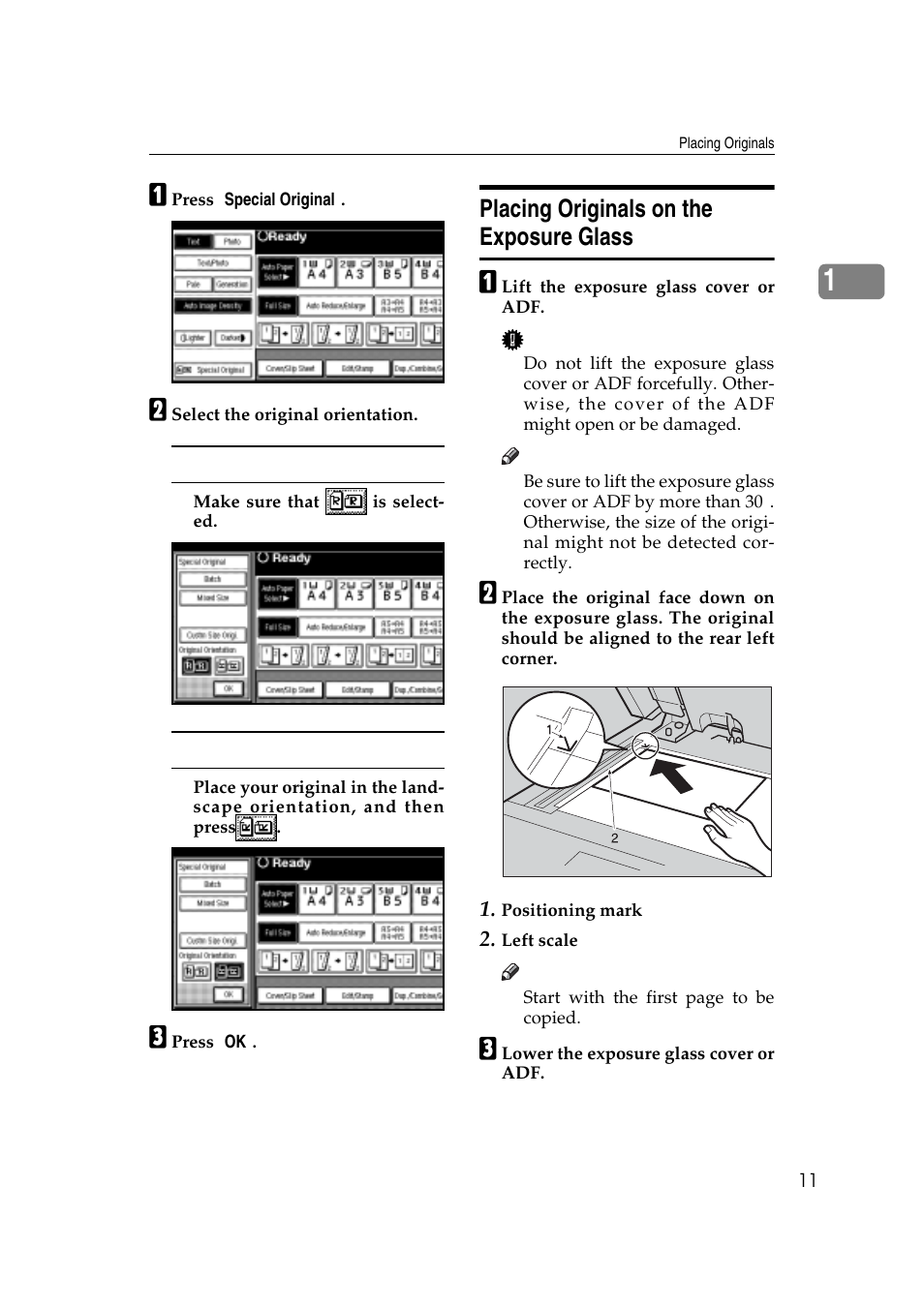 Placing originals on the exposure glass | Savin 4045e User Manual | Page 23 / 132