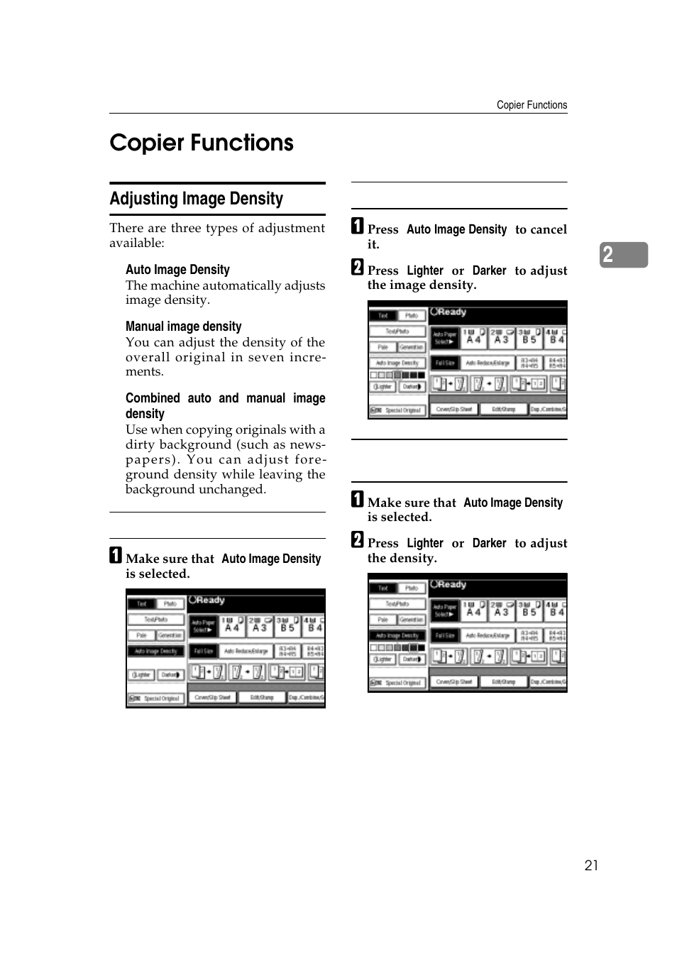 2copier functions, Adjusting image density | Savin 4045e User Manual | Page 33 / 132