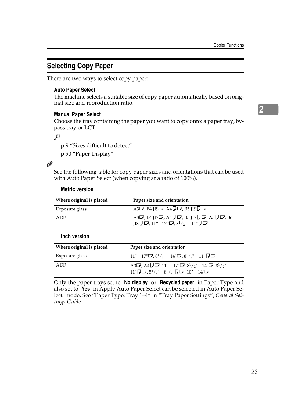 Selecting copy paper, V auto paper select, V manual paper select | V metric version v inch version | Savin 4045e User Manual | Page 35 / 132