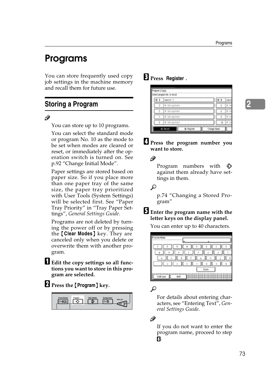 2programs, Storing a program | Savin 4045e User Manual | Page 85 / 132