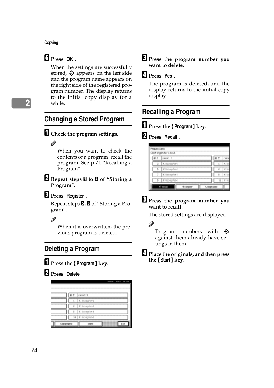 Changing a stored program, Deleting a program, Recalling a program | Savin 4045e User Manual | Page 86 / 132