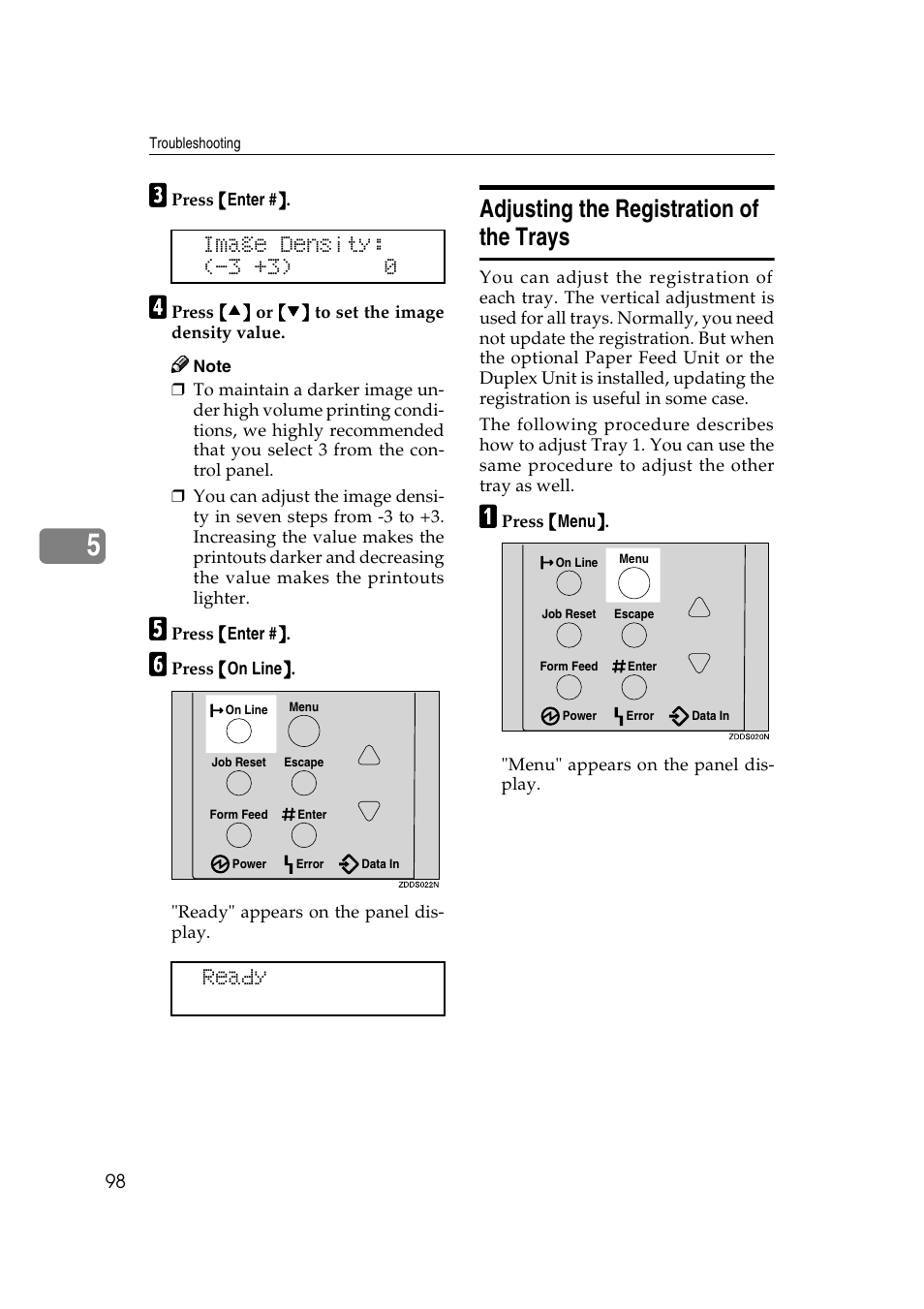 Adjusting the registration of the trays, Image density: (-3 +3) 0 ready | Savin MLP26 User Manual | Page 106 / 180
