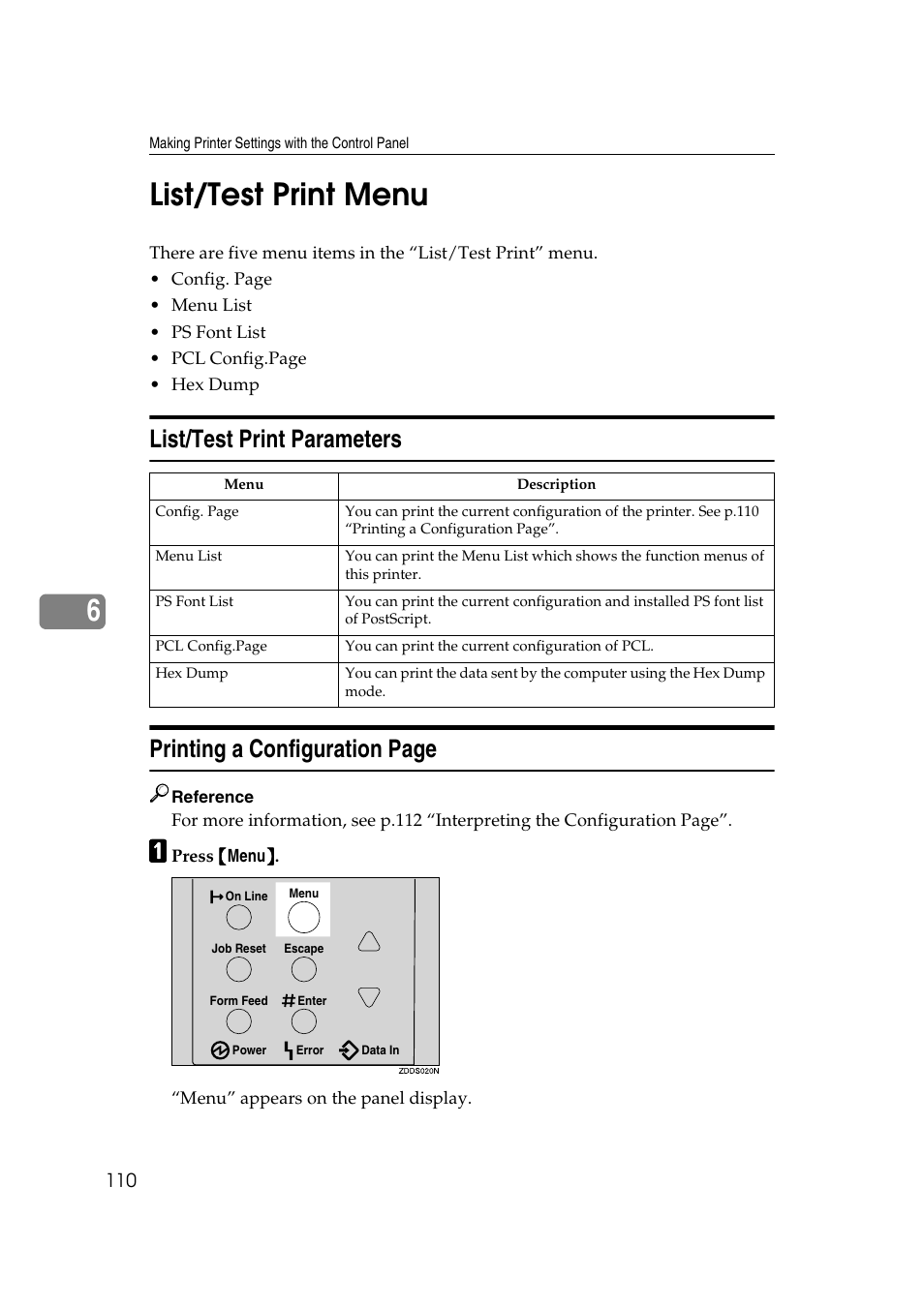 List/test print menu, List/test print parameters, P.110 | 6list/test print menu | Savin MLP26 User Manual | Page 118 / 180