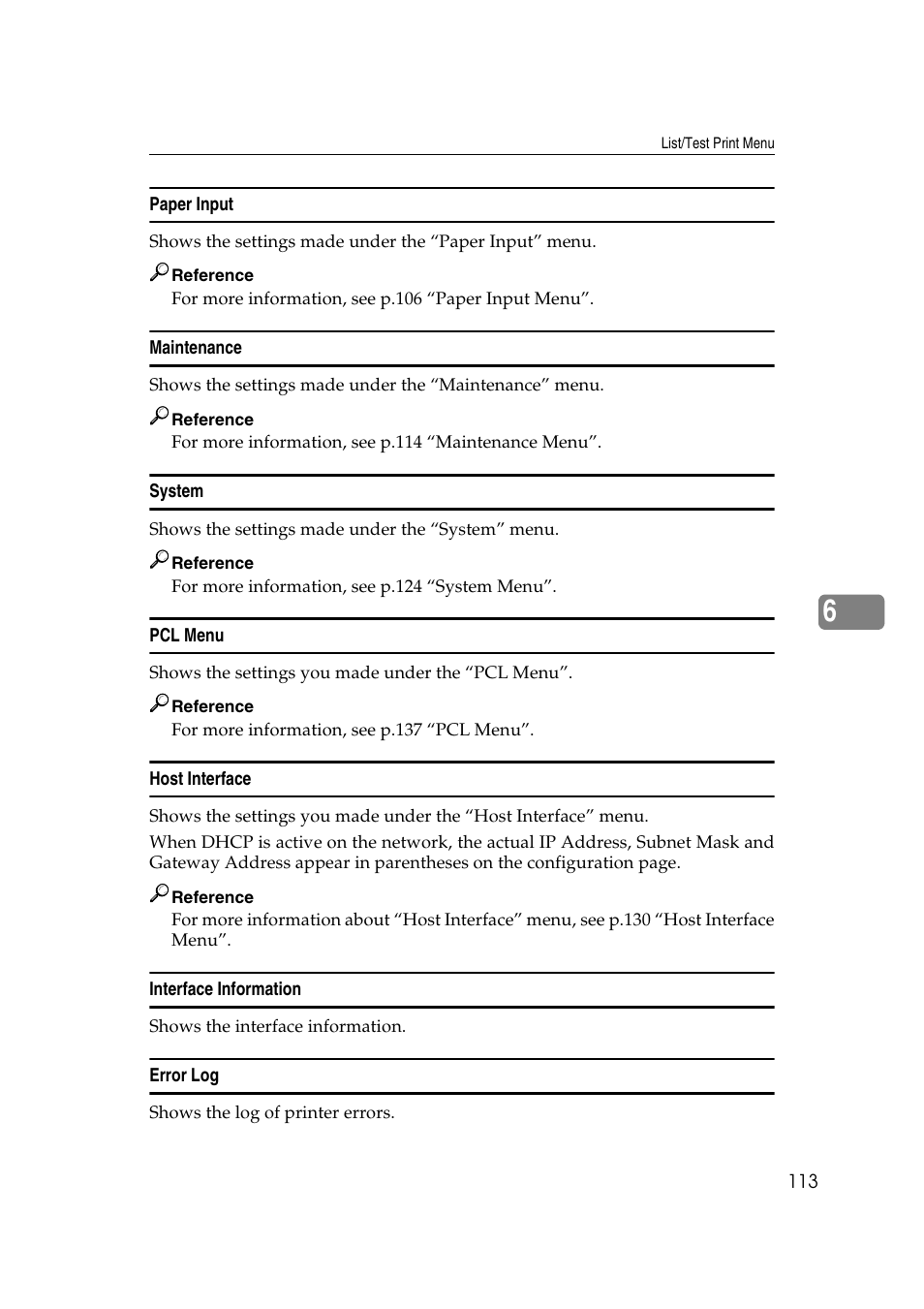 Paper input, Maintenance, System | Pcl menu, Host interface, Interface information, Error log | Savin MLP26 User Manual | Page 121 / 180