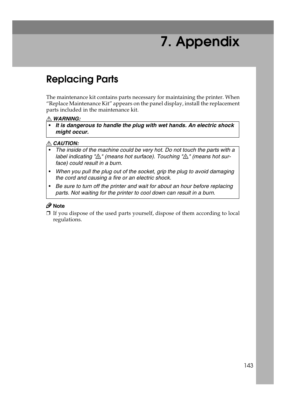  appendix, Replacing parts, Appendix | Savin MLP26 User Manual | Page 151 / 180