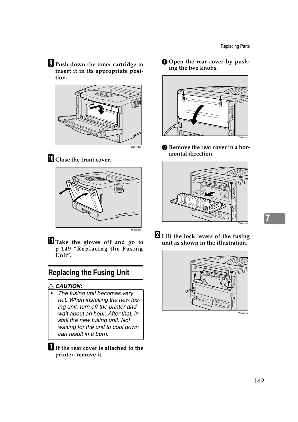 Replacing the fusing unit, Ee p.149 “replacing the fus- ing unit | Savin MLP26 User Manual | Page 157 / 180
