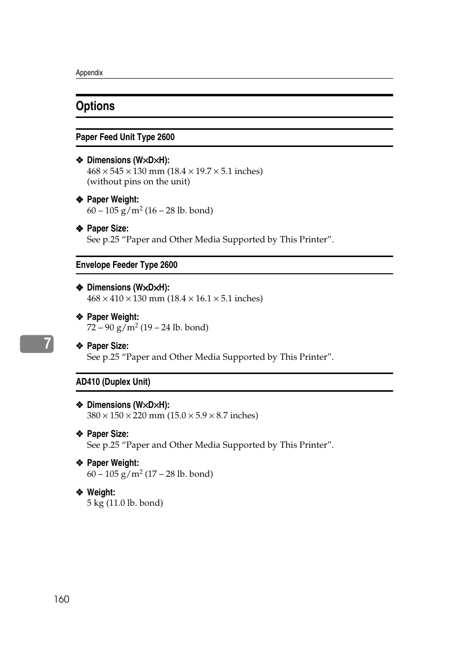 Options, Paper feed unit type 2600, Envelope feeder type 2600 | Ad410 (duplex unit) | Savin MLP26 User Manual | Page 168 / 180