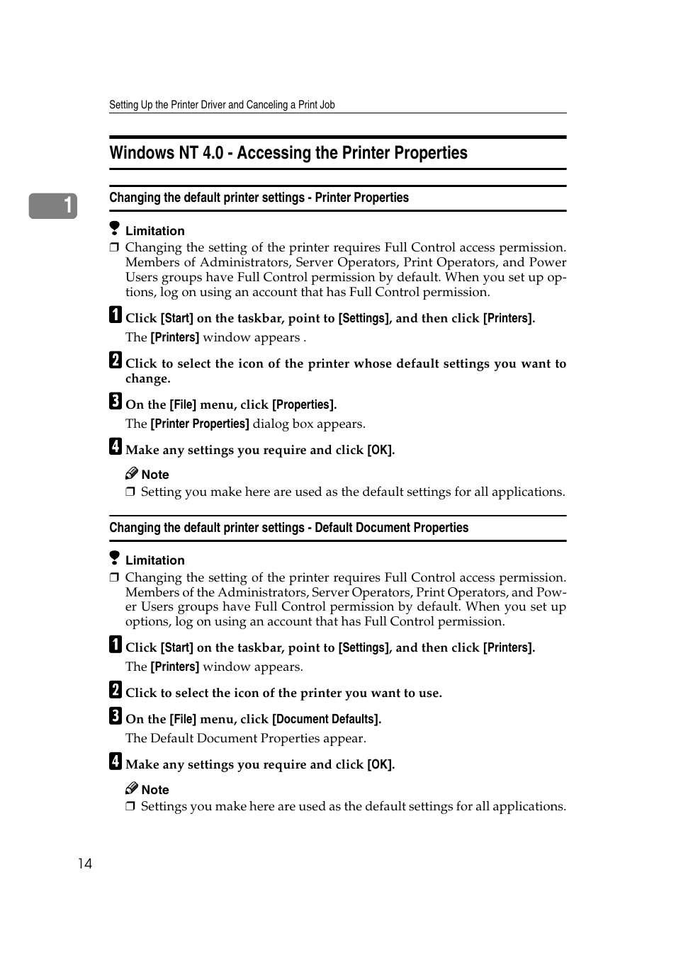 Windows nt 4.0 - accessing the printer properties | Savin MLP26 User Manual | Page 22 / 180