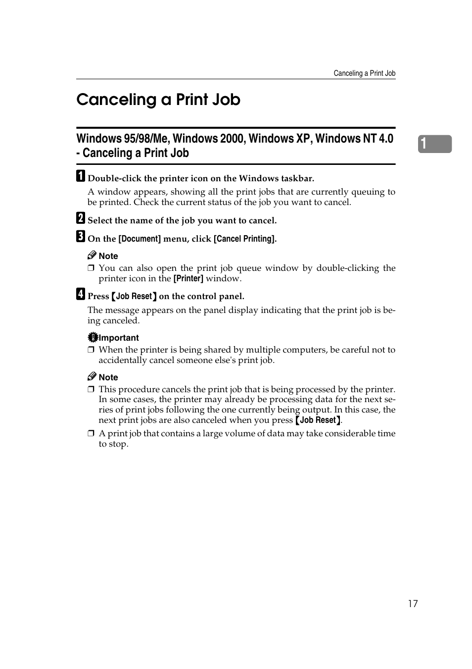 Canceling a print job, Windows 95/98/me, windows 2000, windows xp, Windows nt 4.0 - canceling a print job | 1canceling a print job | Savin MLP26 User Manual | Page 25 / 180