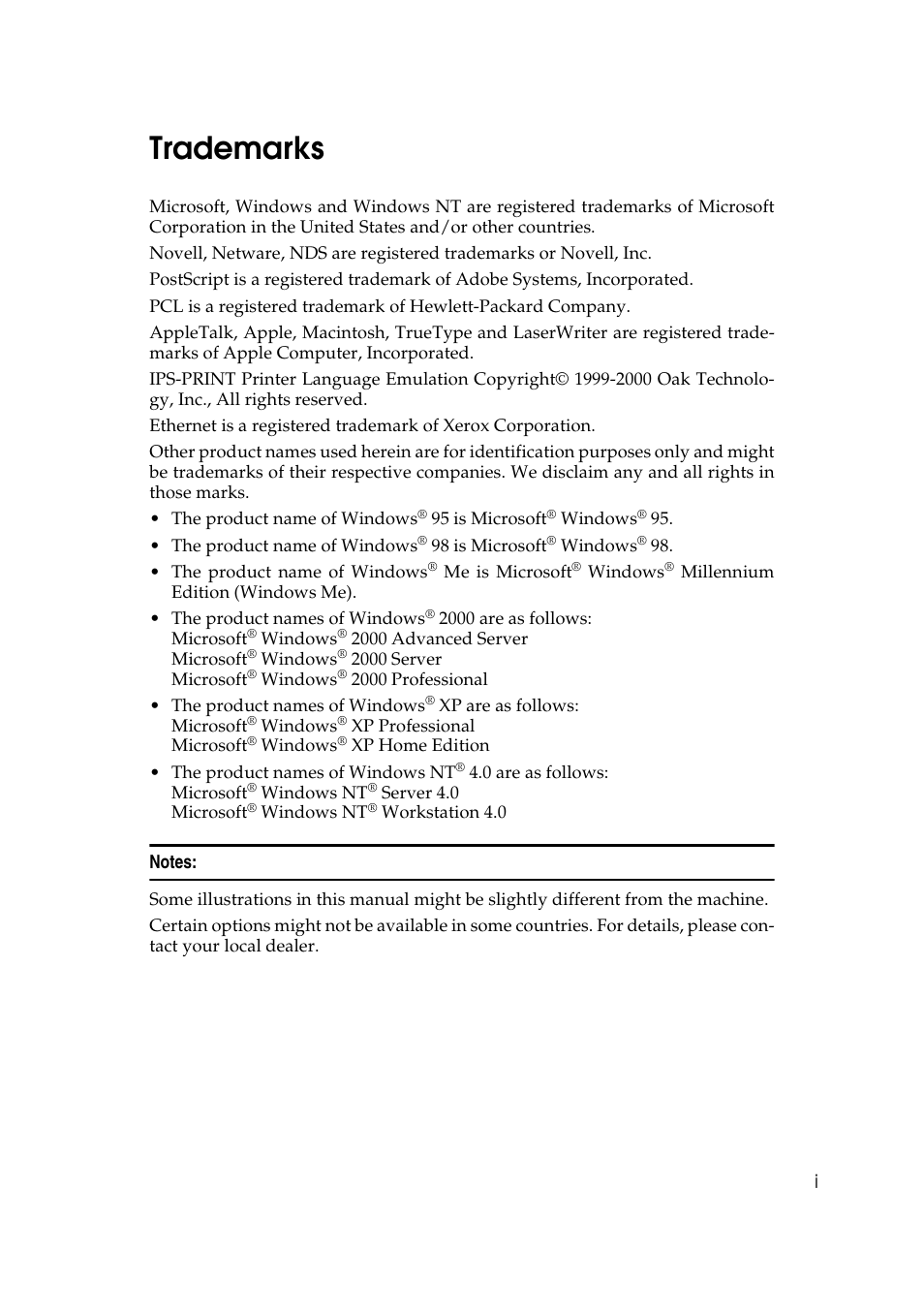 Trademarks, Notes | Savin MLP26 User Manual | Page 3 / 180