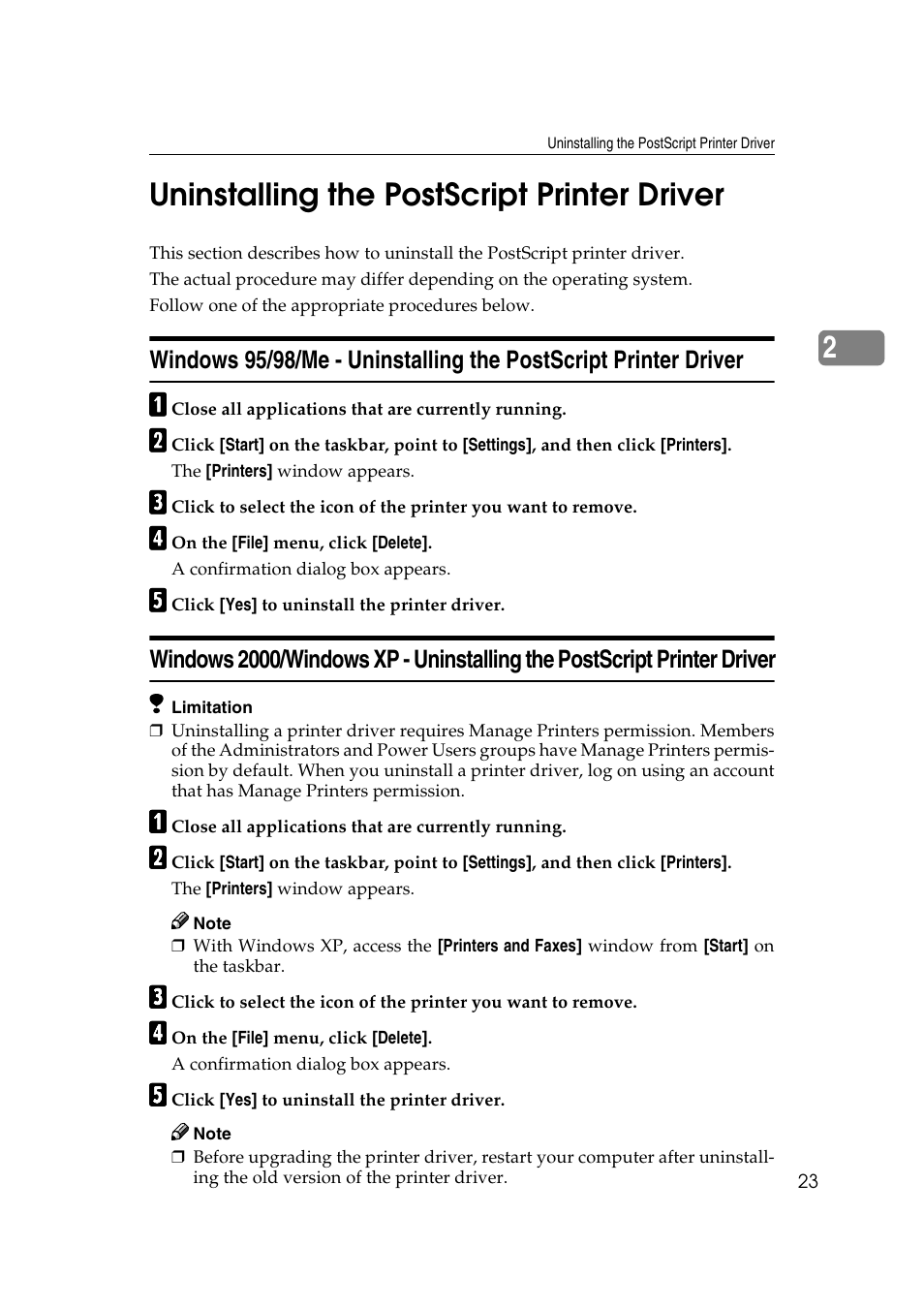 Uninstalling the postscript printer driver, 2uninstalling the postscript printer driver | Savin MLP26 User Manual | Page 31 / 180