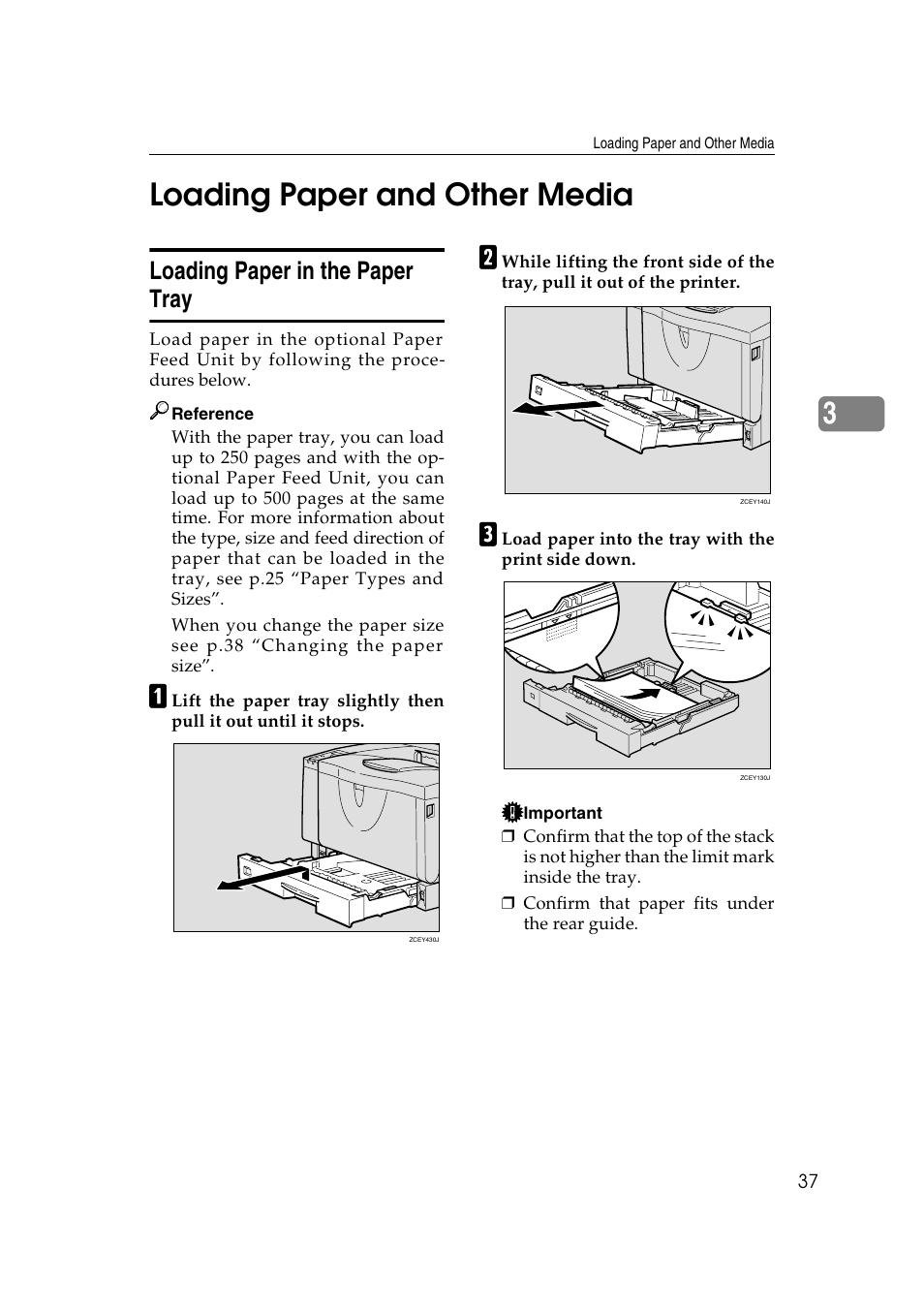 Loading paper and other media, Loading paper in the paper tray, 3loading paper and other media | Savin MLP26 User Manual | Page 45 / 180